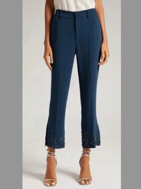 Cinq à Sept Kerry Rhinestone Crackle Crop Flare Pants in Peacock Blue